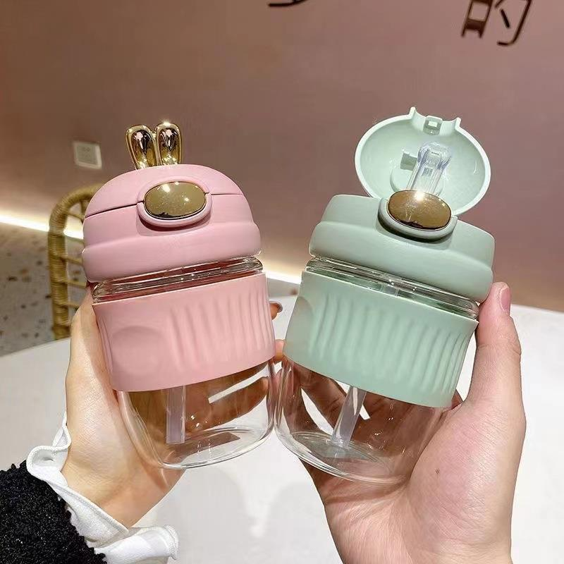 cute children straw glass water bottle Male and female student couple water bottle coffee drink gift water cup