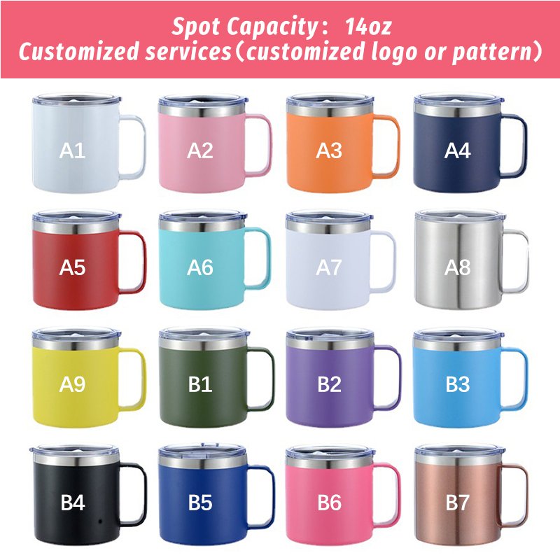 Custom logo 14 oz stainless steel insulated vacuum thermo mug coffee camping travel coffee mug tumbler with handle and lid