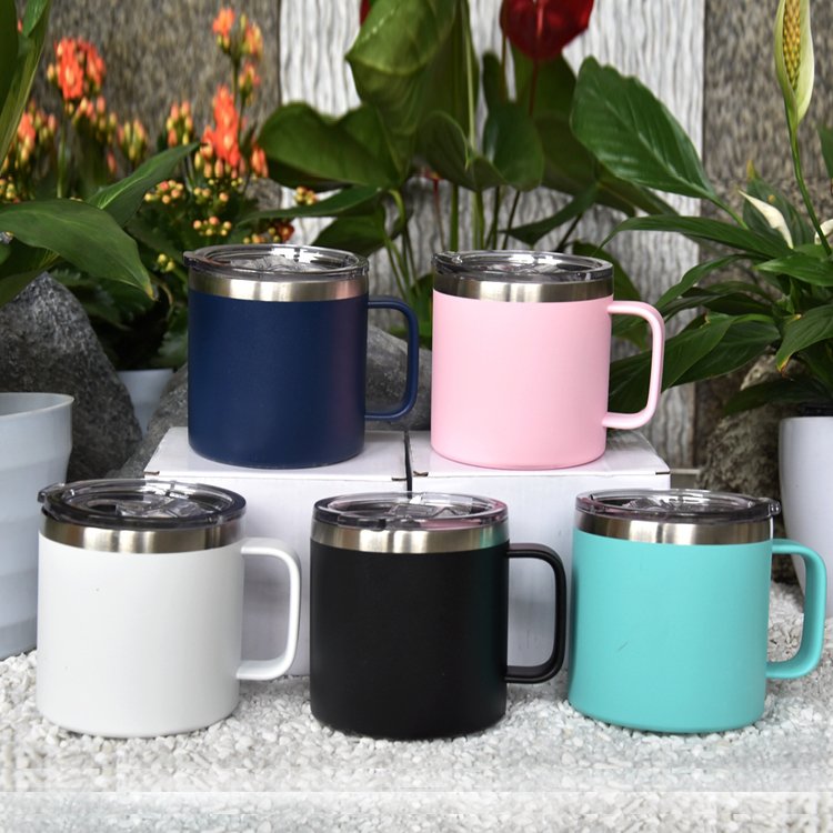 Custom logo 14 oz stainless steel insulated vacuum thermo mug coffee camping travel coffee mug tumbler with handle and lid