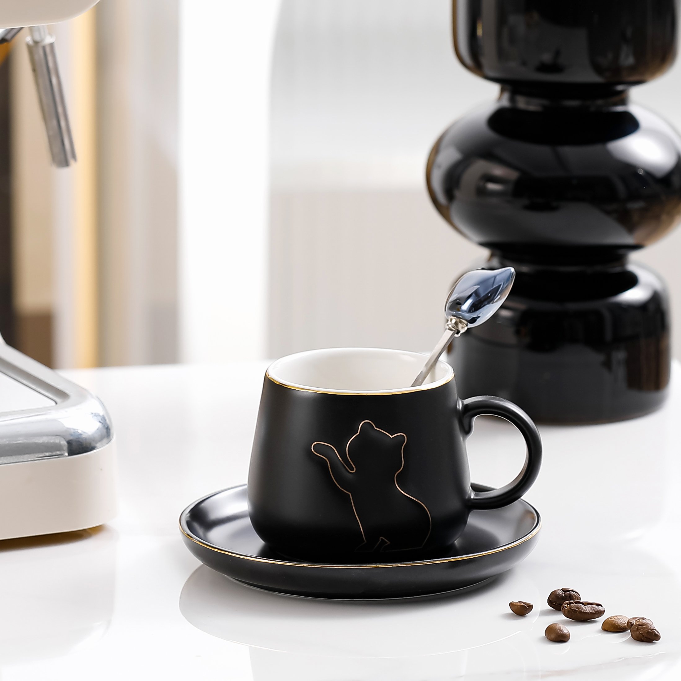 Personality trend Office Light luxury Cat coffee mug Mug with lid and spoon