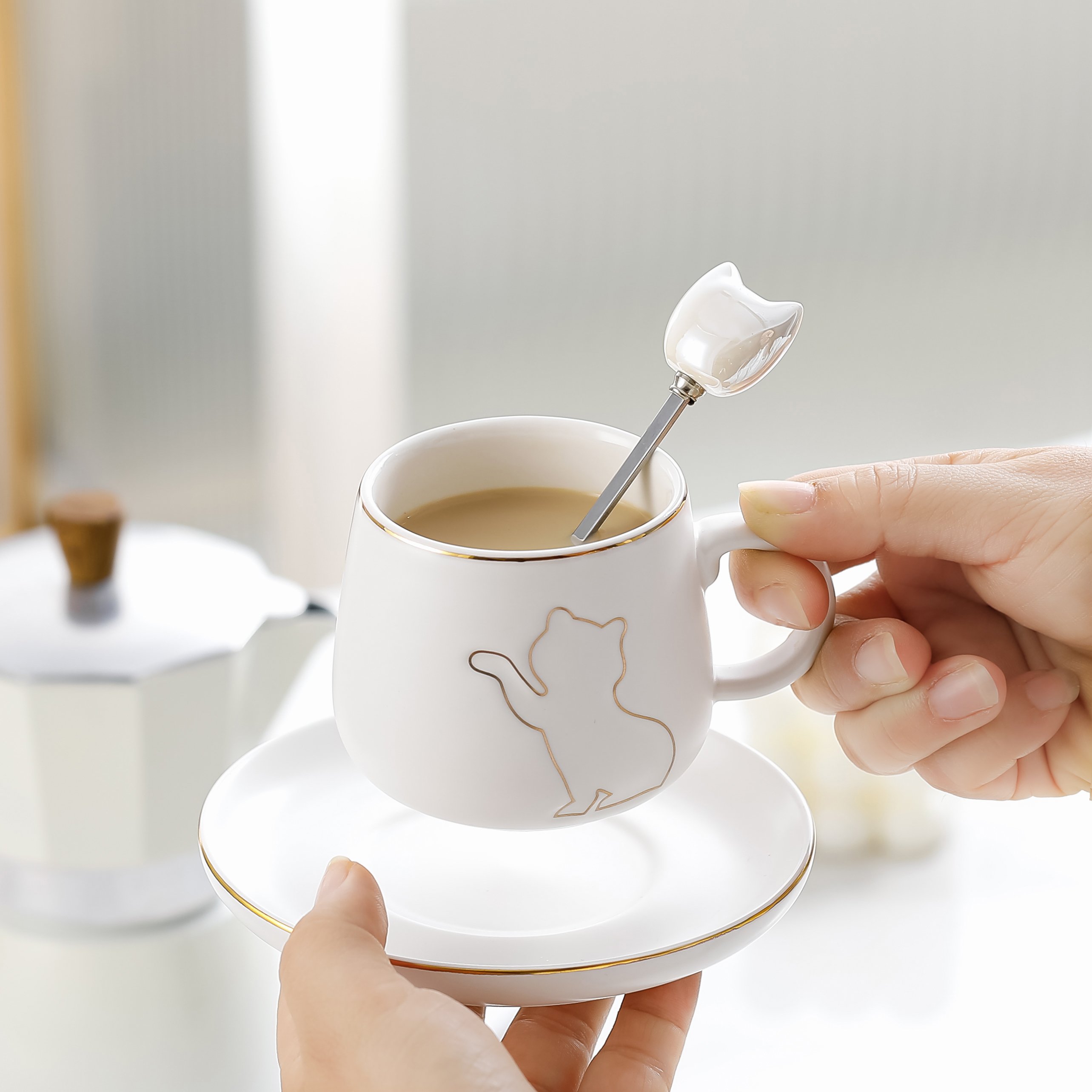 Personality trend Office Light luxury Cat coffee mug Mug with lid and spoon