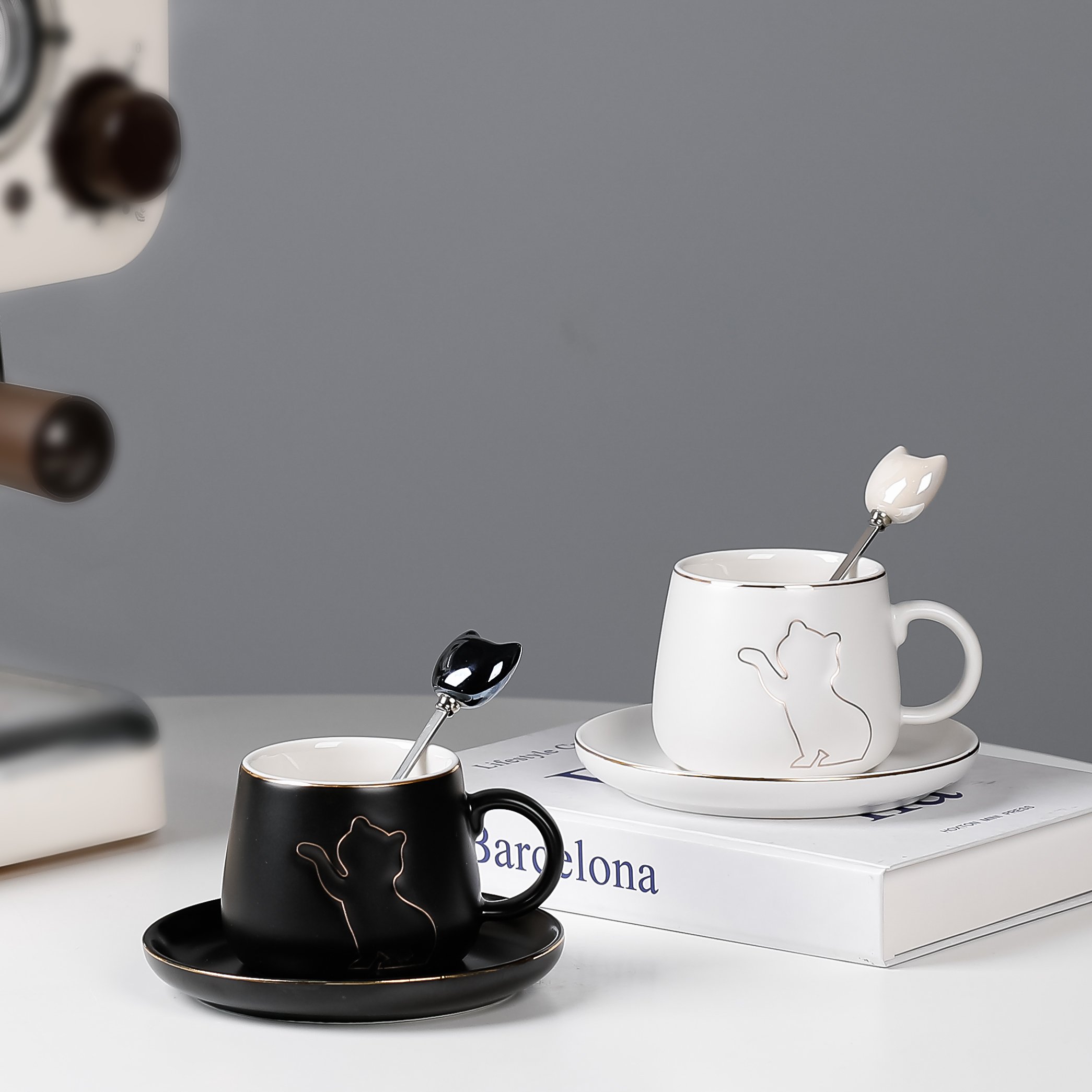 Personality trend Office Light luxury Cat coffee mug Mug with lid and spoon