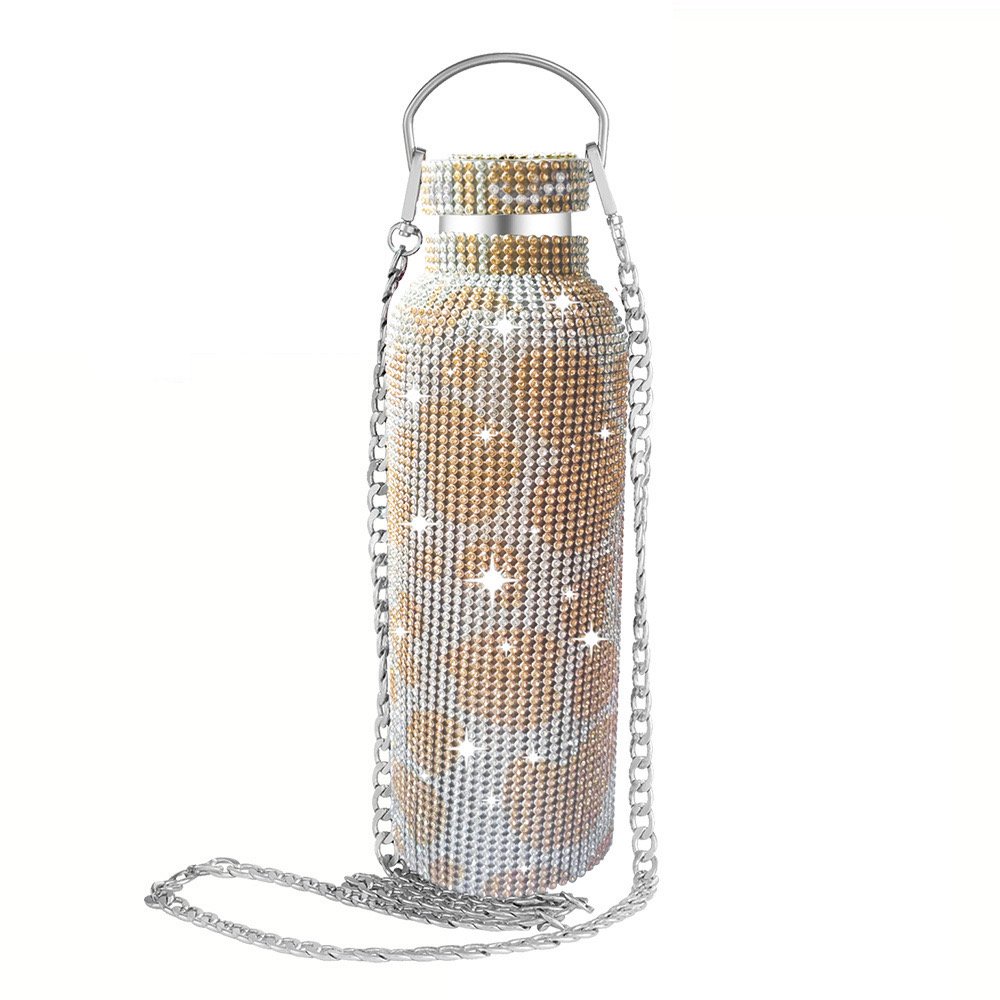 Hot Sale 500ml Luxury Designer Vacuum Flask Shiny Gold Diamond Rhinestone Diamond Cup Crystal Water Bottle