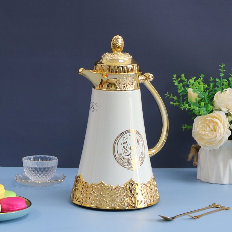 AMAZING TURKISH STYLE METAL BODY GOLDEN COATED 1 L GLASS LINER VACUUM INSULATED FLASK DALLAH