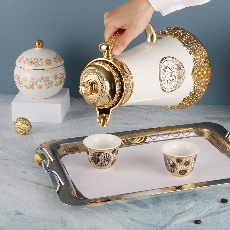AMAZING TURKISH STYLE METAL BODY GOLDEN COATED 1 L GLASS LINER VACUUM INSULATED FLASK DALLAH