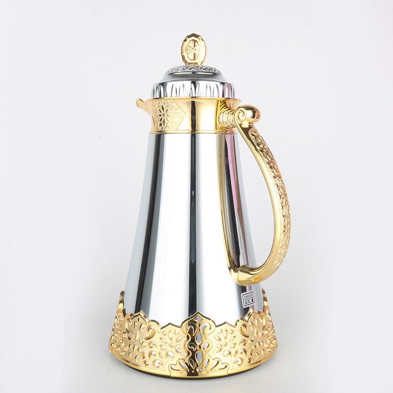 AMAZING TURKISH STYLE METAL BODY GOLDEN COATED 1 L GLASS LINER VACUUM INSULATED FLASK DALLAH