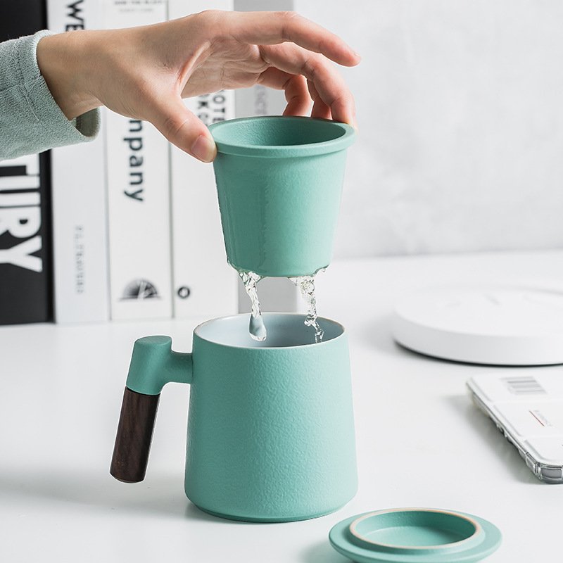 Custom 350ml Home Office Filter Tea Cups Wooden Handle Ceramic Mug