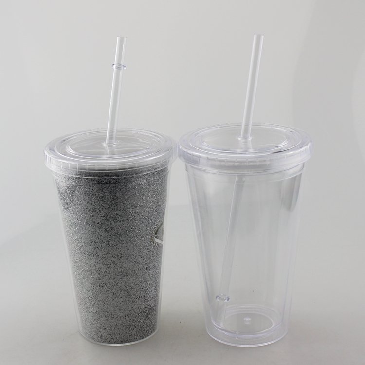 ECO-Friendly 16OZ double walled plastic transparent straw cup multicolor cup plastic coffee mug with photo inserts