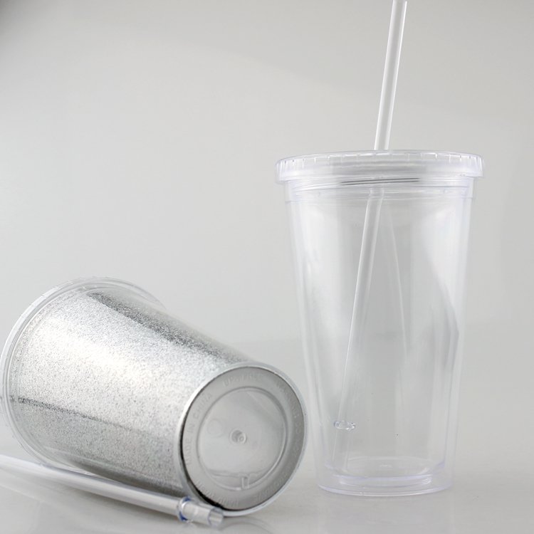 ECO-Friendly 16OZ double walled plastic transparent straw cup multicolor cup plastic coffee mug with photo inserts
