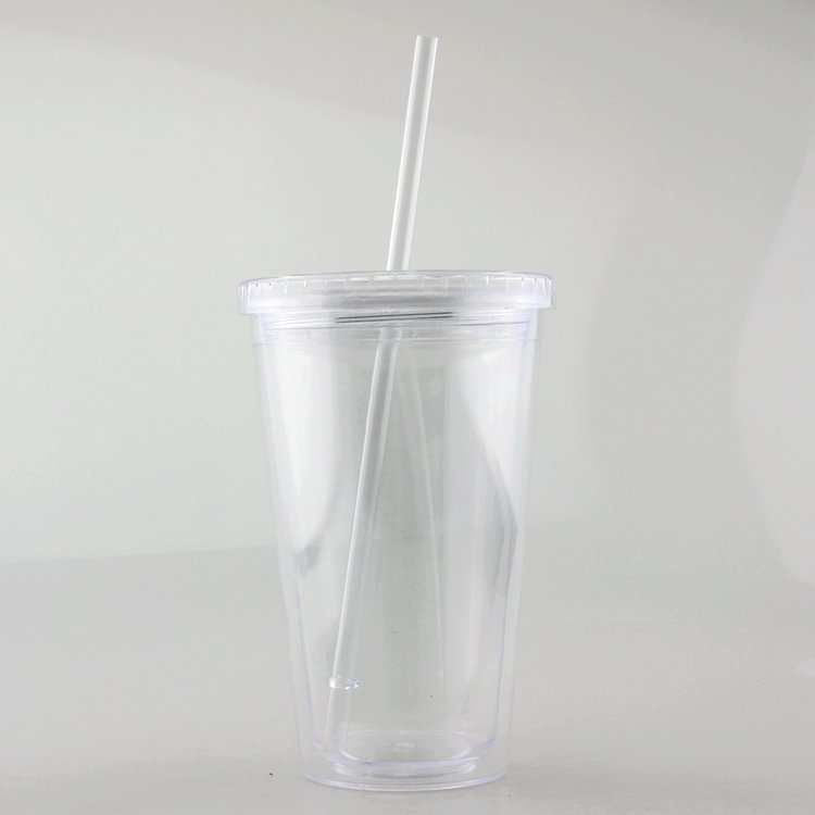 ECO-Friendly 16OZ double walled plastic transparent straw cup multicolor cup plastic coffee mug with photo inserts