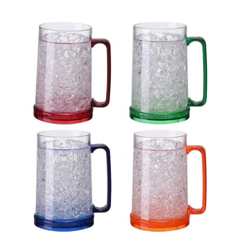 Double Wall Gel Frosty Freezer Ice Cooling Mugs 16oz Plastic Beer Cup with Handle