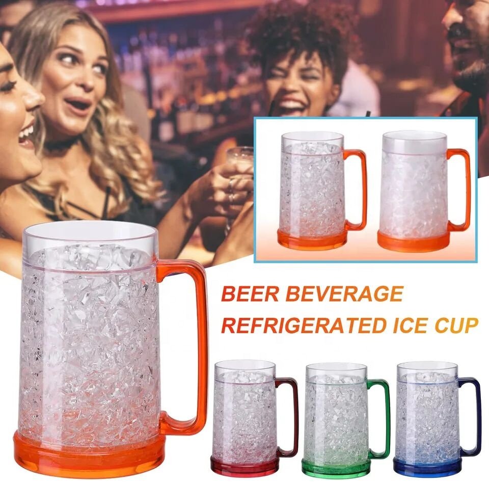 Double Wall Gel Frosty Freezer Ice Cooling Mugs 16oz Plastic Beer Cup with Handle