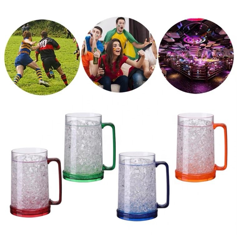 Double Wall Gel Frosty Freezer Ice Cooling Mugs 16oz Plastic Beer Cup with Handle