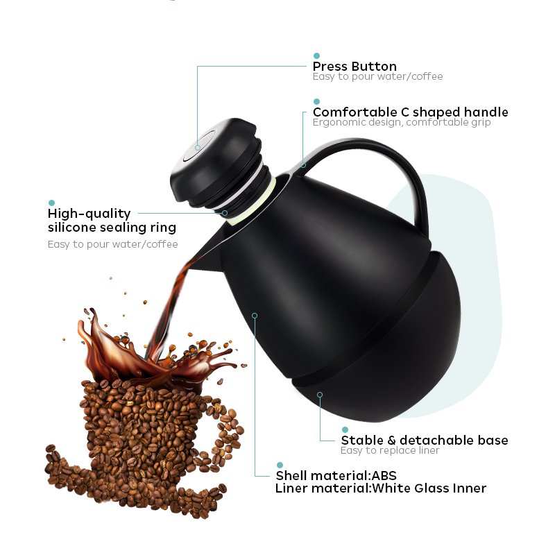 1L Double Wall Insulated Out Abs Inner Glass Thermos Vacuum Flask TeaArabic Coffee Pot With Comfortable C Shaped Handle