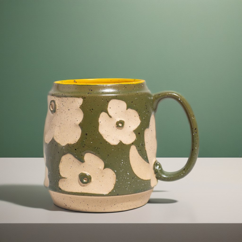 New design splash-ink green stoneware ceramic cup modern art hand made flower custom unique coffee mug