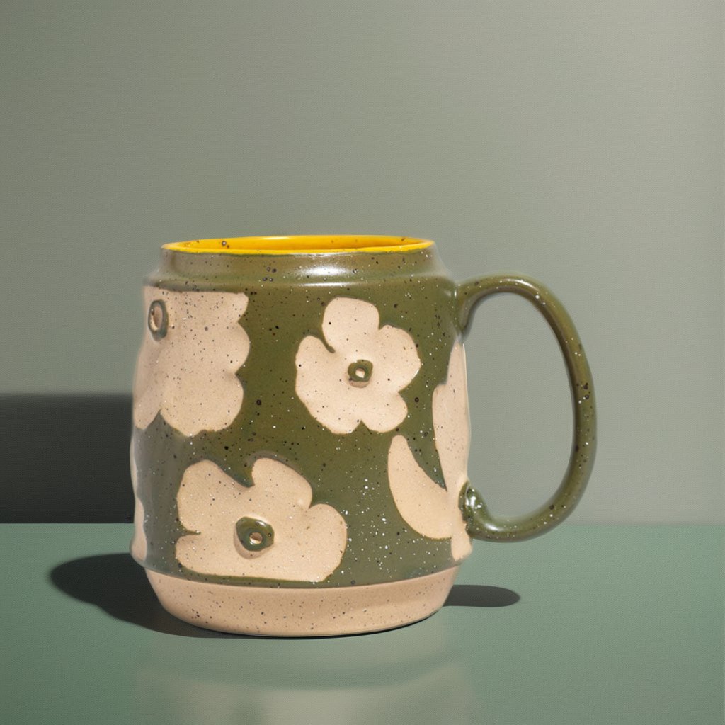 New design splash-ink green stoneware ceramic cup modern art hand made flower custom unique coffee mug