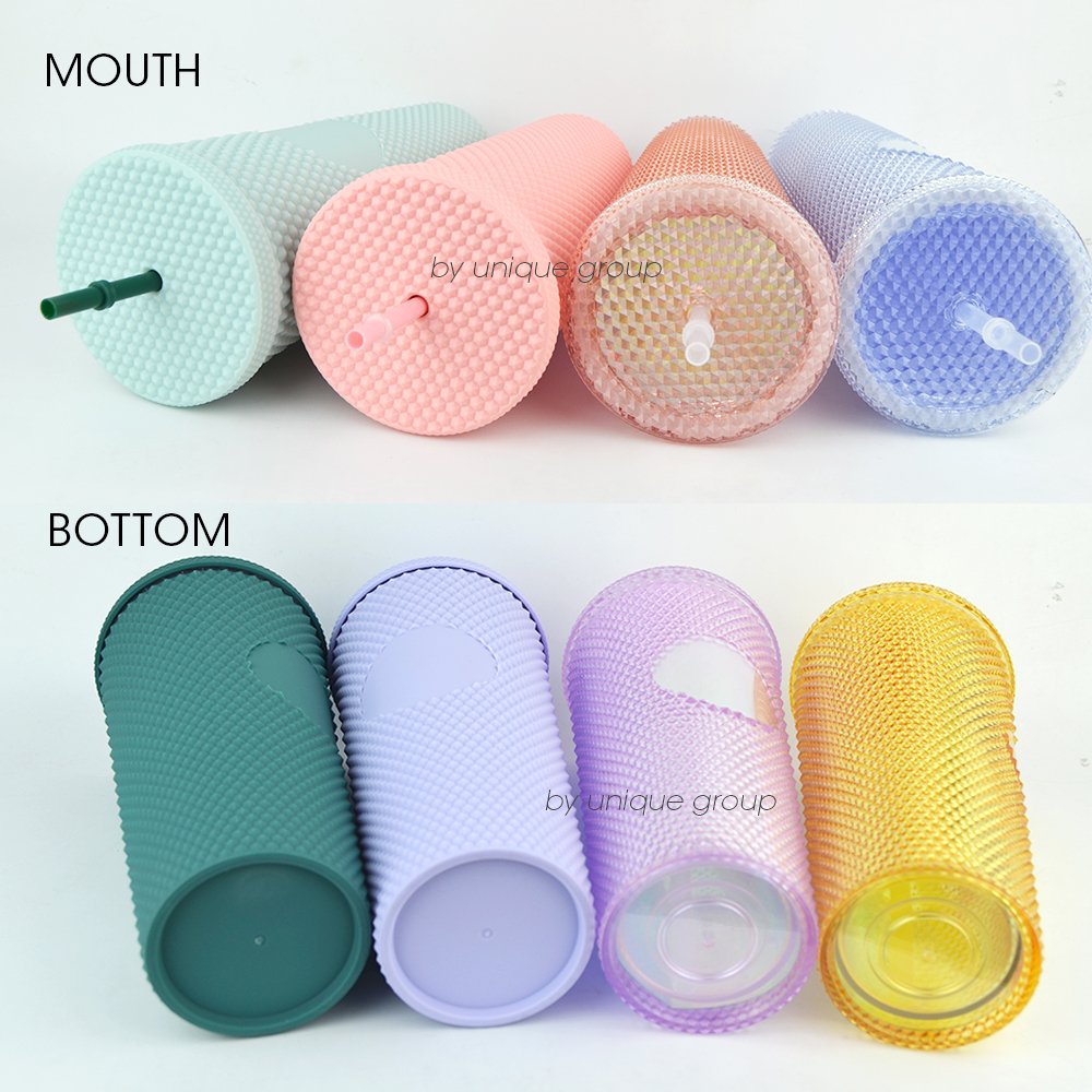Pineapple Studded Mug Stud Cup Crystal Tumbler with Straw Shinny Color Changing Insulated Plastic Creative PS Reusable Grid 24oz