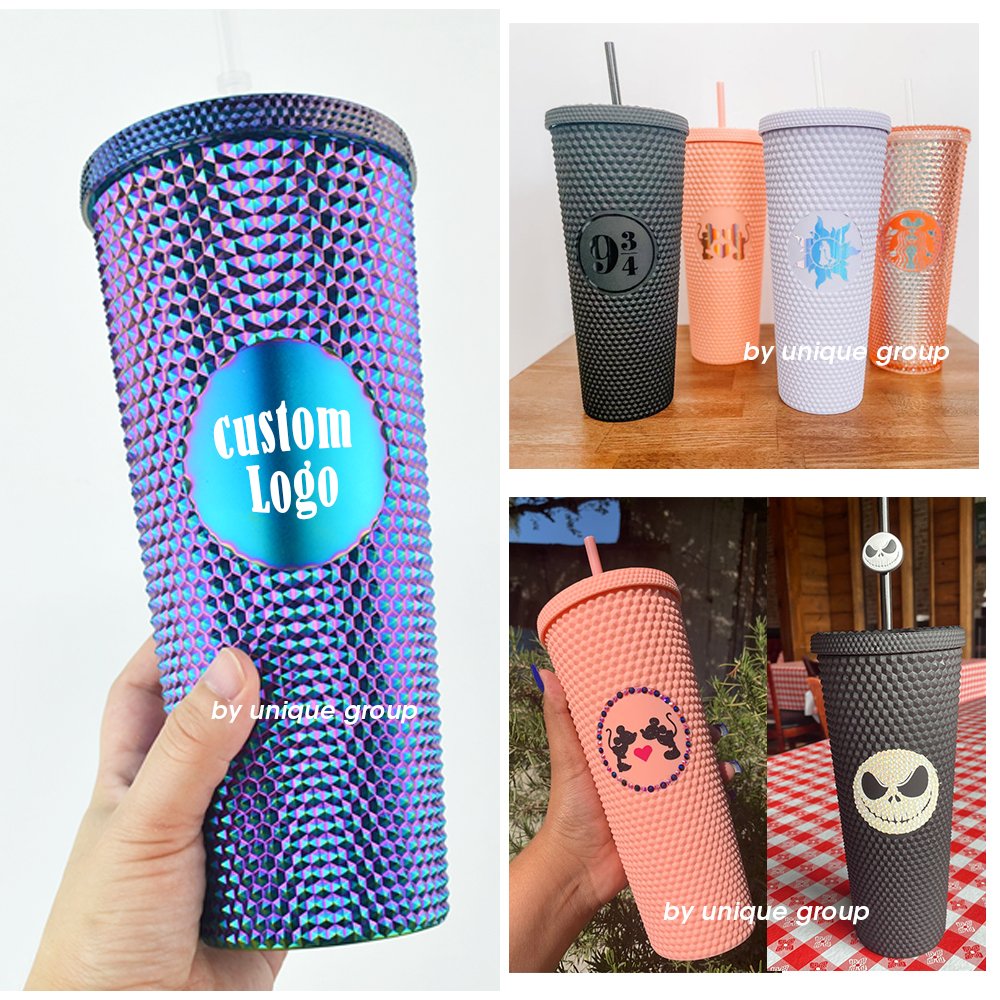 Pineapple Studded Mug Stud Cup Crystal Tumbler with Straw Shinny Color Changing Insulated Plastic Creative PS Reusable Grid 24oz