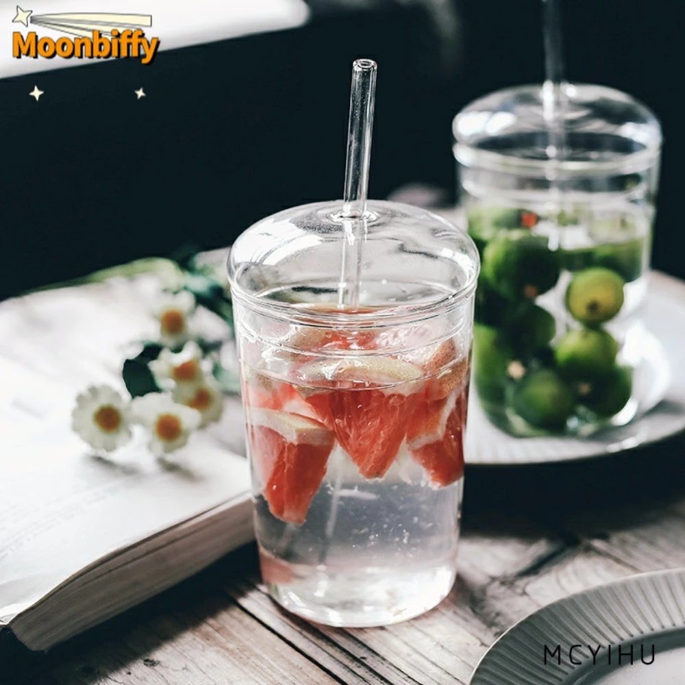 Hot Sale High Borosilicate Glass Cup Creative Transparent Cold Drinking Coffee Glass Mug with Straw and Lid