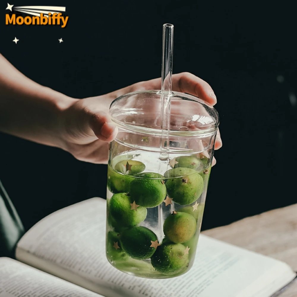 Hot Sale High Borosilicate Glass Cup Creative Transparent Cold Drinking Coffee Glass Mug with Straw and Lid