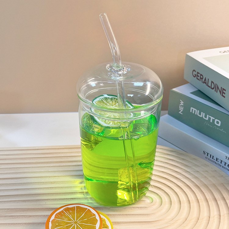 Hot Sale High Borosilicate Glass Cup Creative Transparent Cold Drinking Coffee Glass Mug with Straw and Lid