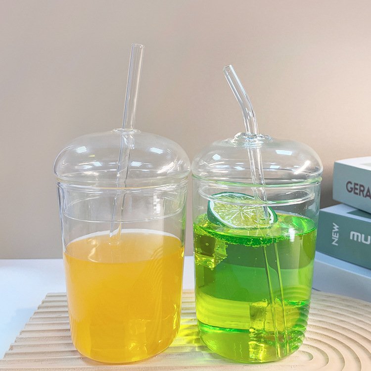 Hot Sale High Borosilicate Glass Cup Creative Transparent Cold Drinking Coffee Glass Mug with Straw and Lid