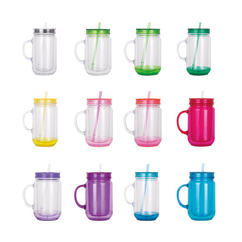 DD1888 18 oz Water Cup Handle Plastic Mug Drinking Bubble Bottle Double Wall Clear Mason Jar With Straw and Lid