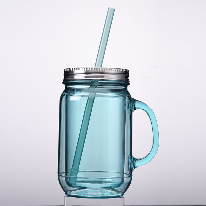 DD1888 18 oz Water Cup Handle Plastic Mug Drinking Bubble Bottle Double Wall Clear Mason Jar With Straw and Lid