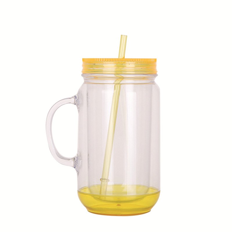 DD1888 18 oz Water Cup Handle Plastic Mug Drinking Bubble Bottle Double Wall Clear Mason Jar With Straw and Lid