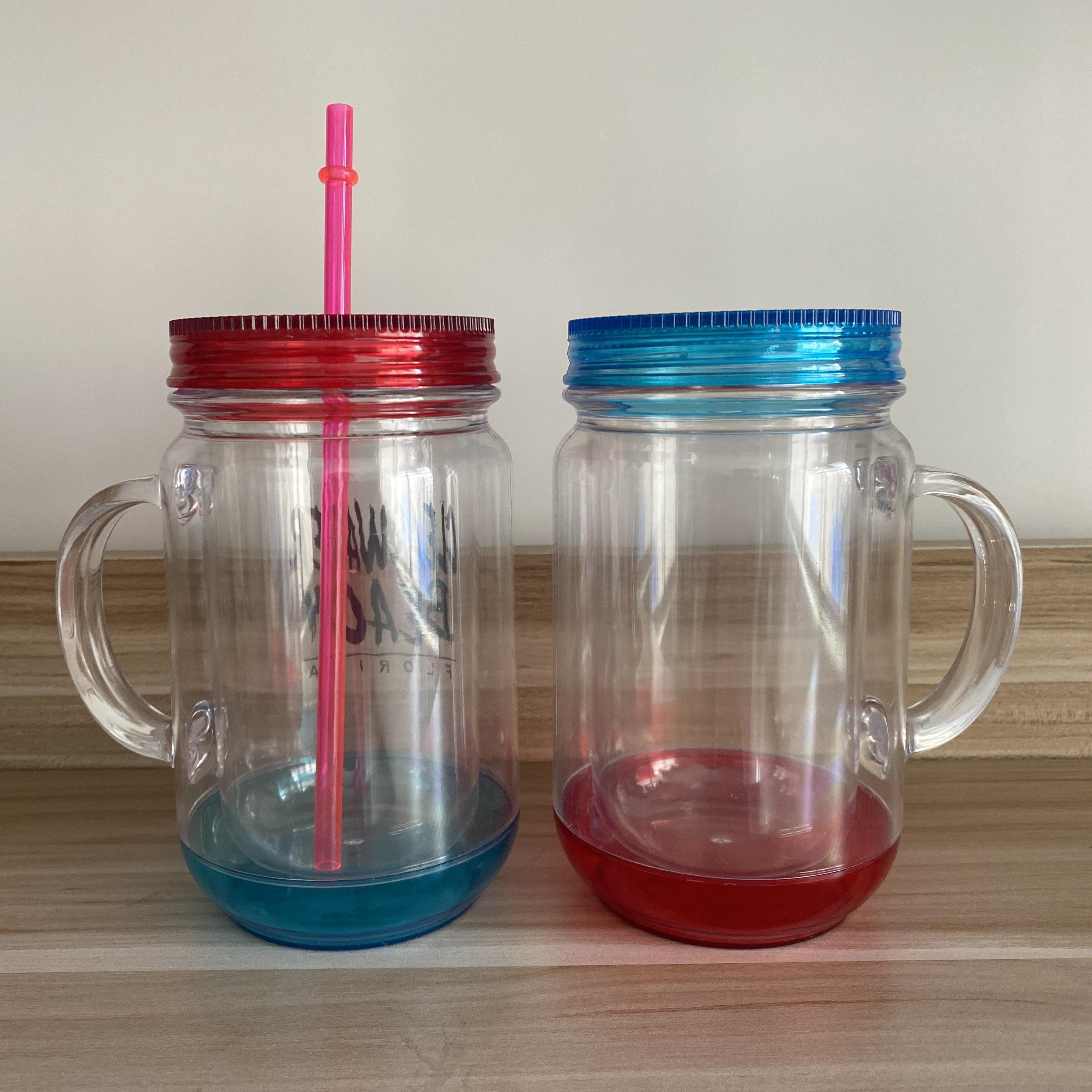 DD1888 18 oz Water Cup Handle Plastic Mug Drinking Bubble Bottle Double Wall Clear Mason Jar With Straw and Lid
