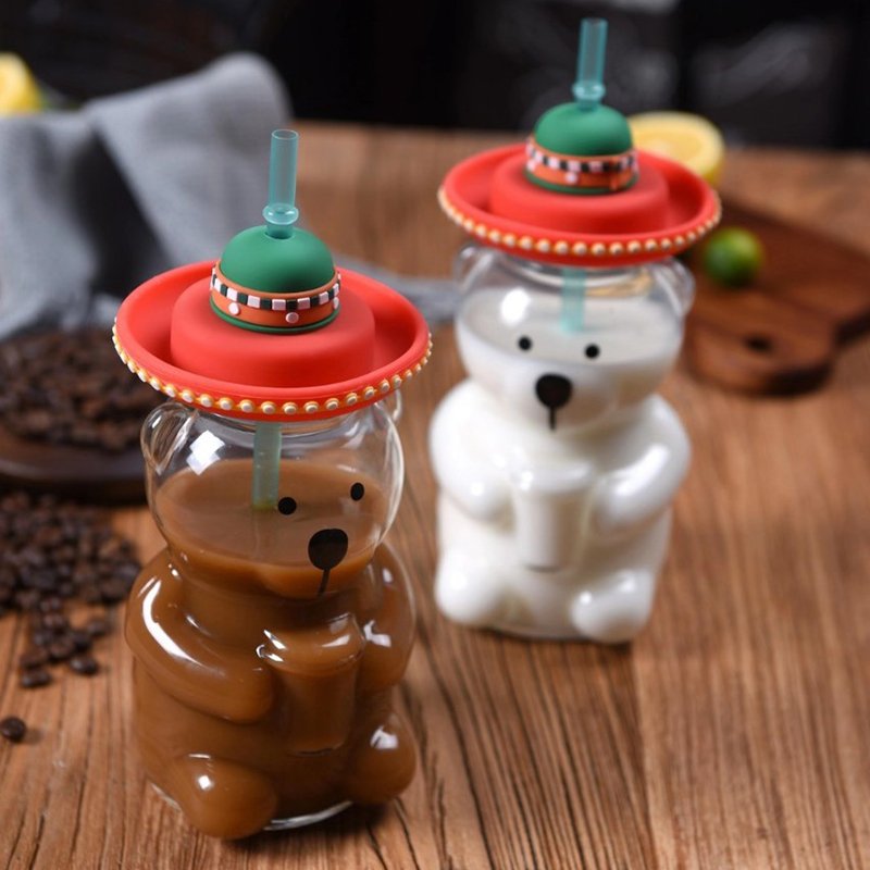 Bear Shape Heat Milk Cold Drink High Temperature Resistant Glass Coffee Fresh Juice Cup With Straw