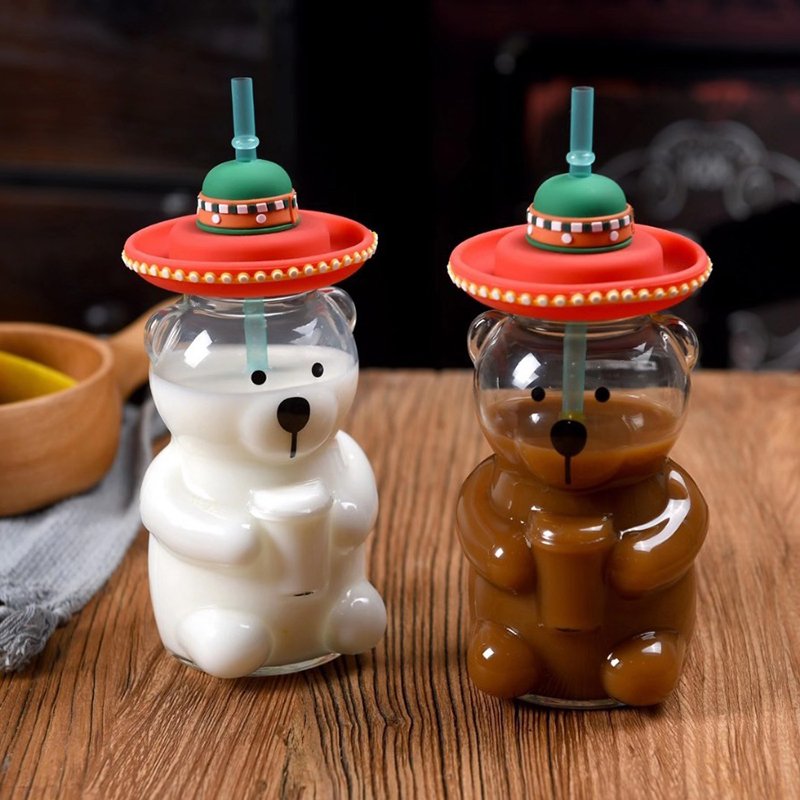 Bear Shape Heat Milk Cold Drink High Temperature Resistant Glass Coffee Fresh Juice Cup With Straw