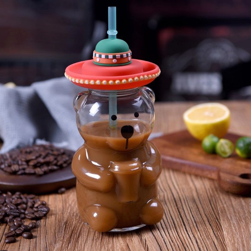 Bear Shape Heat Milk Cold Drink High Temperature Resistant Glass Coffee Fresh Juice Cup With Straw