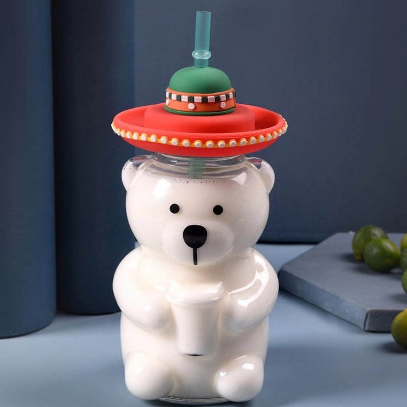 Bear Shape Heat Milk Cold Drink High Temperature Resistant Glass Coffee Fresh Juice Cup With Straw