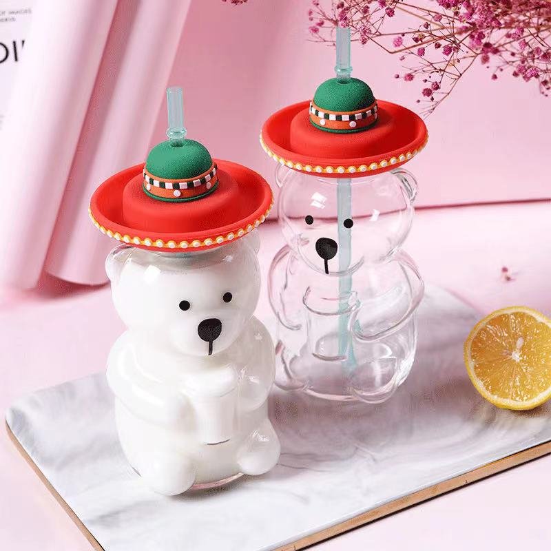 Bear Shape Heat Milk Cold Drink High Temperature Resistant Glass Coffee Fresh Juice Cup With Straw