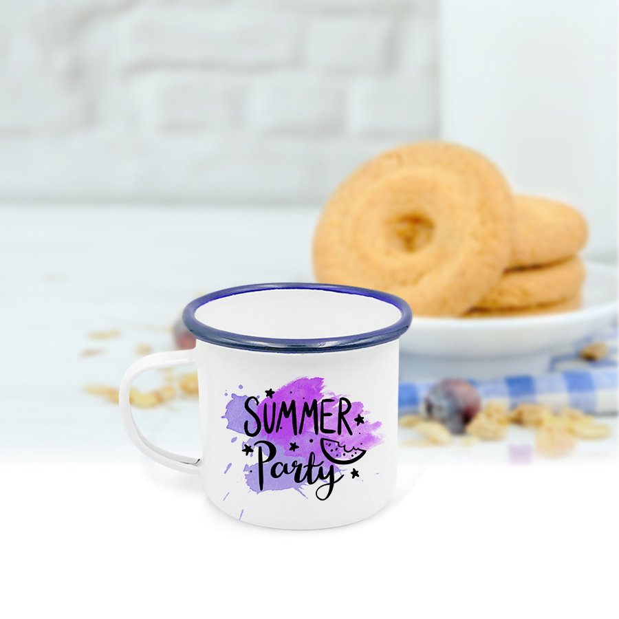 Hot Sale Personalized Black Coffee Mugs 12oz Enamel Cup with Blue rim