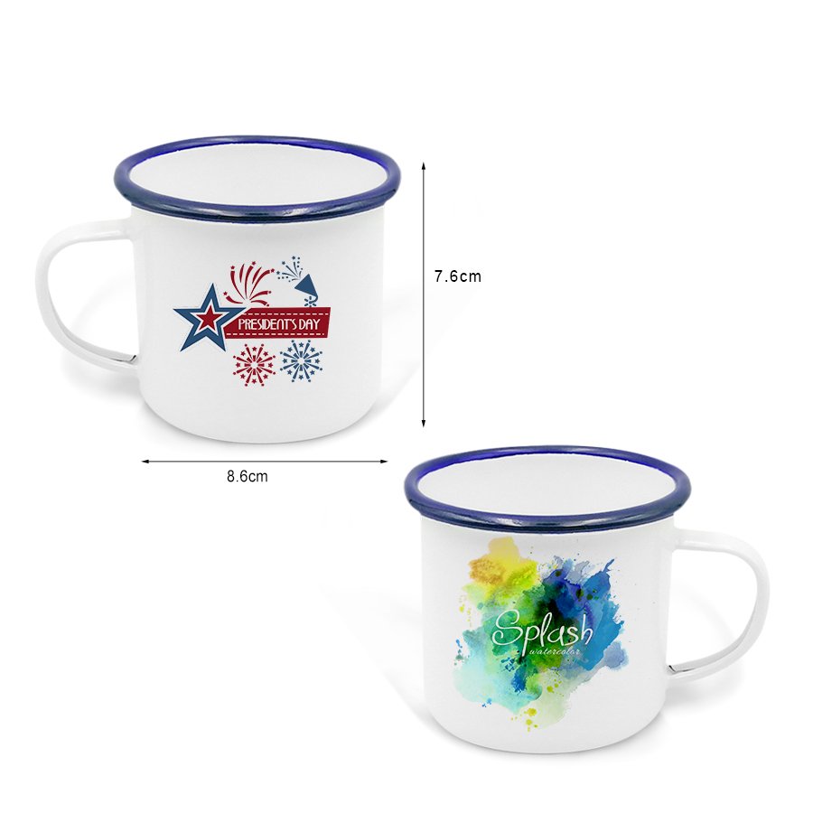 Hot Sale Personalized Black Coffee Mugs 12oz Enamel Cup with Blue rim