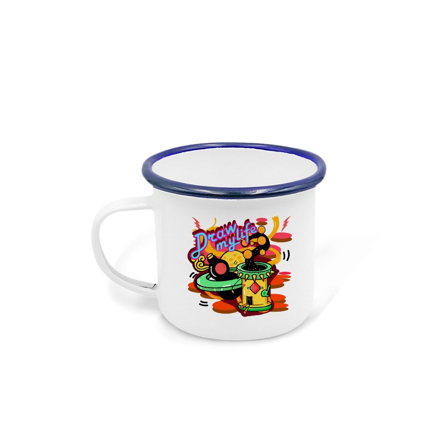Hot Sale Personalized Black Coffee Mugs 12oz Enamel Cup with Blue rim