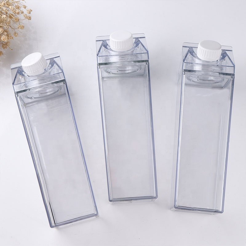 Rectangular Transparent Bottle 500/1000ML Personalized Plastic Milk Box Shape Water Bottle with Sticker DIY custom logo