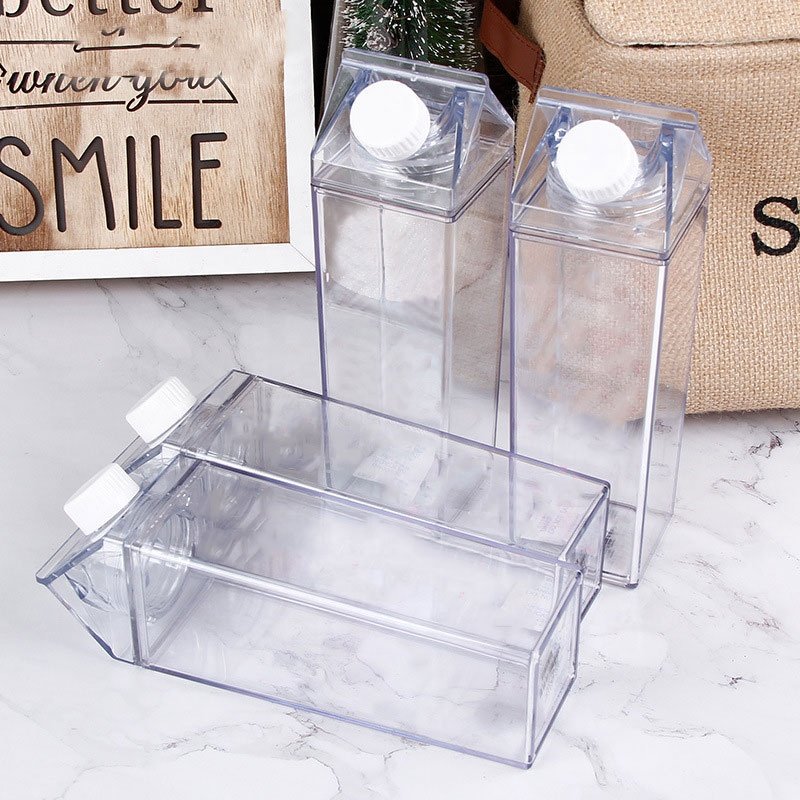 Rectangular Transparent Bottle 500/1000ML Personalized Plastic Milk Box Shape Water Bottle with Sticker DIY custom logo