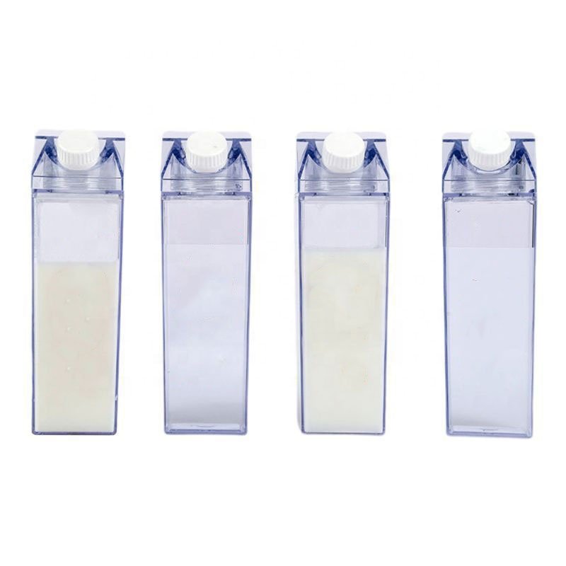 Rectangular Transparent Bottle 500/1000ML Personalized Plastic Milk Box Shape Water Bottle with Sticker DIY custom logo