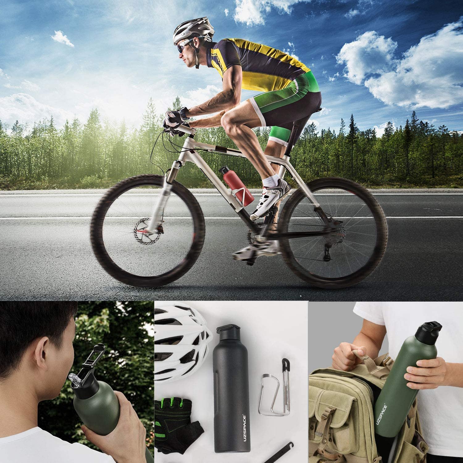UZSPACE best 830ml Stainless Steel Water Bottle Straw New Arrival Double Wall Design Sports Outdoors Cold Thermal Includes Lids