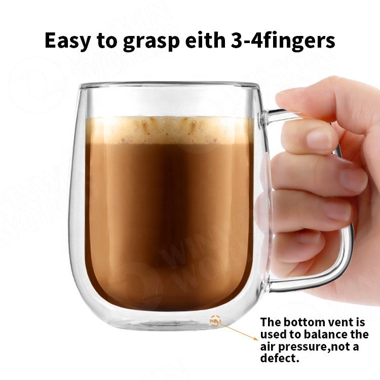 Clear Borosilicate Glass Coffee Mug, Insulated Double Walled Glass Espresso Coffee Cup with Handle, Glass Mug With Bamboo Lid