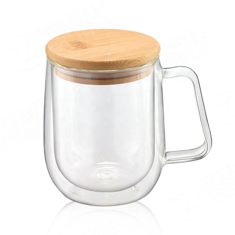 Clear Borosilicate Glass Coffee Mug, Insulated Double Walled Glass Espresso Coffee Cup with Handle, Glass Mug With Bamboo Lid