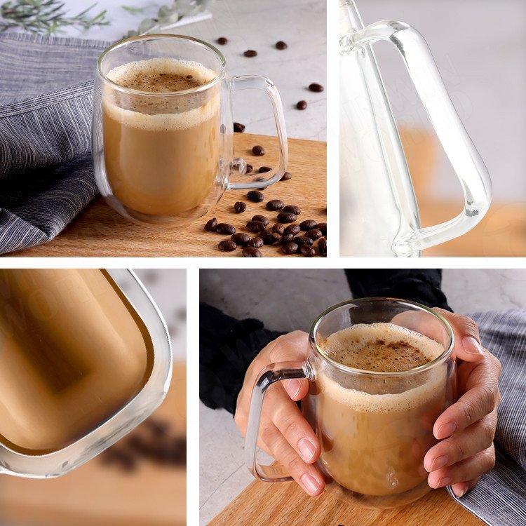 Clear Borosilicate Glass Coffee Mug, Insulated Double Walled Glass Espresso Coffee Cup with Handle, Glass Mug With Bamboo Lid