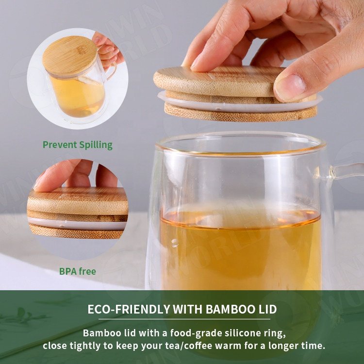 Clear Borosilicate Glass Coffee Mug, Insulated Double Walled Glass Espresso Coffee Cup with Handle, Glass Mug With Bamboo Lid