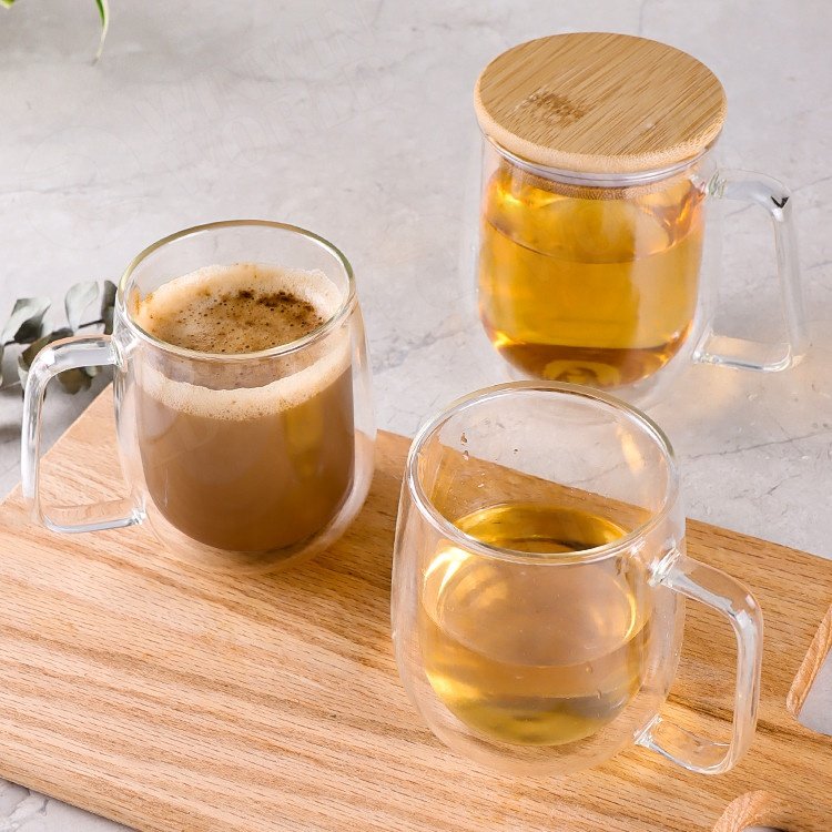 Clear Borosilicate Glass Coffee Mug, Insulated Double Walled Glass Espresso Coffee Cup with Handle, Glass Mug With Bamboo Lid