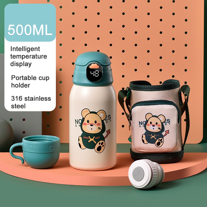 Goofit 500ml Intelligent Temperature Led Display Kids Kettle Double Vacuum 316 Stainless Steel Thermos Cup Cartoon Strap Kettle