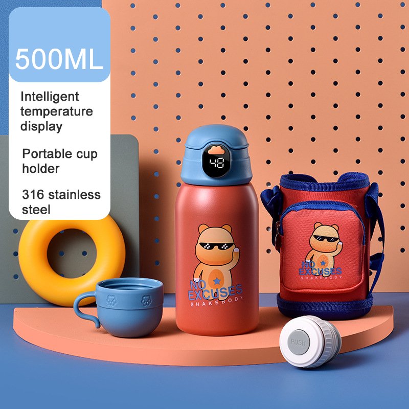 Goofit 500ml Intelligent Temperature Led Display Kids Kettle Double Vacuum 316 Stainless Steel Thermos Cup Cartoon Strap Kettle