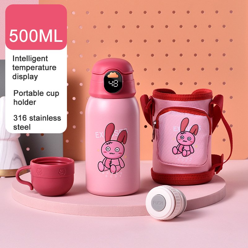 Goofit 500ml Intelligent Temperature Led Display Kids Kettle Double Vacuum 316 Stainless Steel Thermos Cup Cartoon Strap Kettle